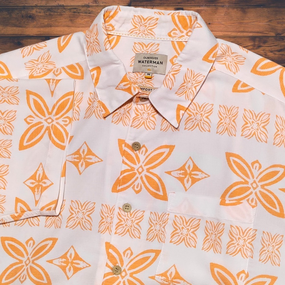 Quiksilver Waterman Shirt Mens Medium Orange White Beach Hawaiian Comfort Fit